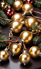 Fototapeta na wymiar Photo Of Christmas Golden Sleigh Bells On A Leather Strap