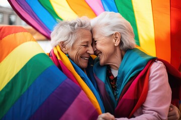 Against the backdrop of a rainbow flag, two elderly women with gray hair, who are lesbians - obrazy, fototapety, plakaty