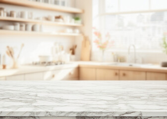 Fototapeta na wymiar Marble counter table top on blurred kitchen background. can be used mock up for montage products display or design layout.