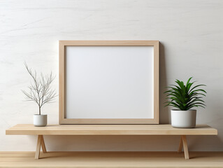 Fototapeta na wymiar A blank mock-up frame made of wood. Included with minimalist and natural modern deco. 