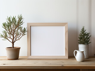 A blank mock-up frame made of wood. Included with minimalist and natural modern deco.

