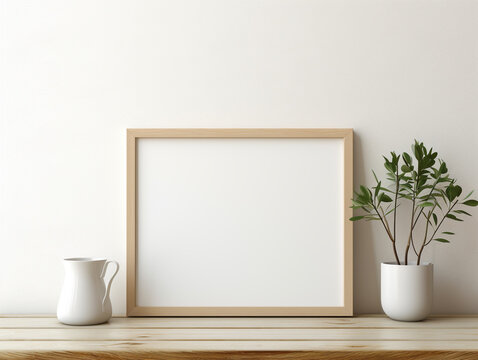 A blank mock-up frame made of wood. Included with minimalist and natural modern deco. © Aisyaqilumar