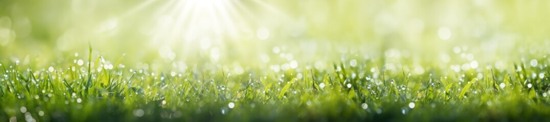 Obraz premium Beauty backgrounds with foliage, green grass, dew drops and bokeh, banner with copy space