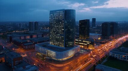 Katowice centre and office towers buildings and Spodek at evening. Aerial drone view