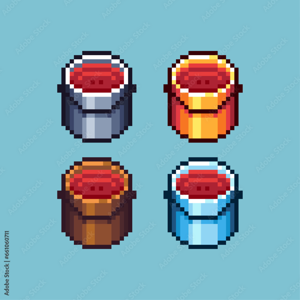 Poster pixel art sets of gold bucket of paint with variation color item asset. simple bits of paint on pixe