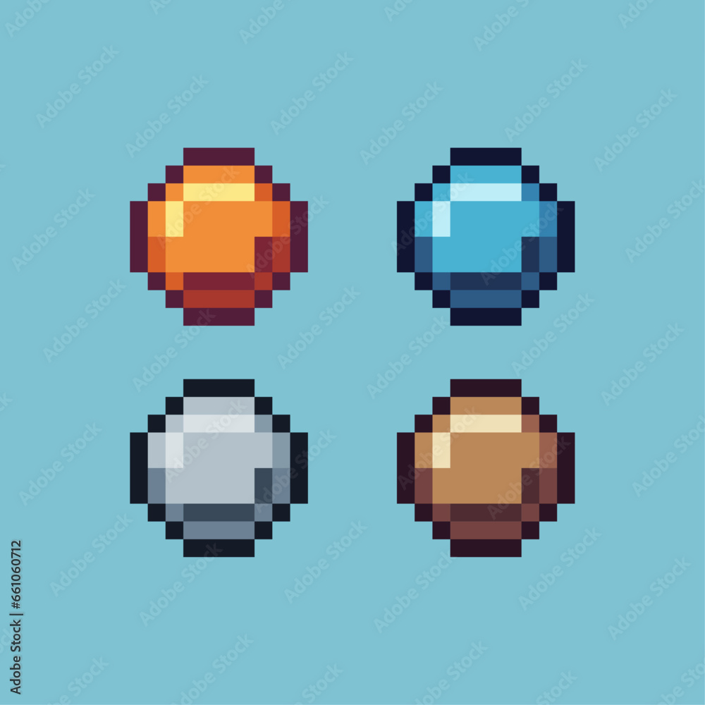Fototapete pixel art sets of simple gold coin with variation color item asset. simple bits of coin on pixelated