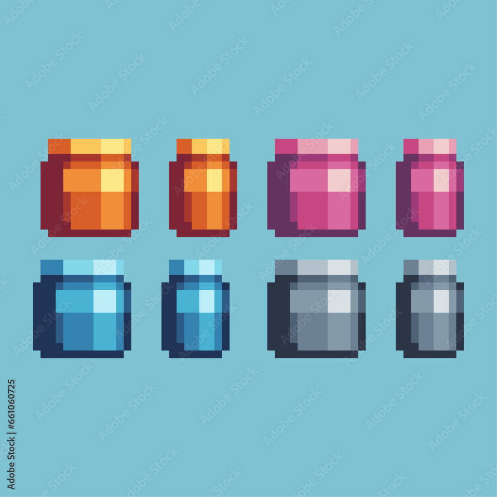 Poster pixel art sets of jar glass with variation color item asset. simple bits of jar glass on pixelated s