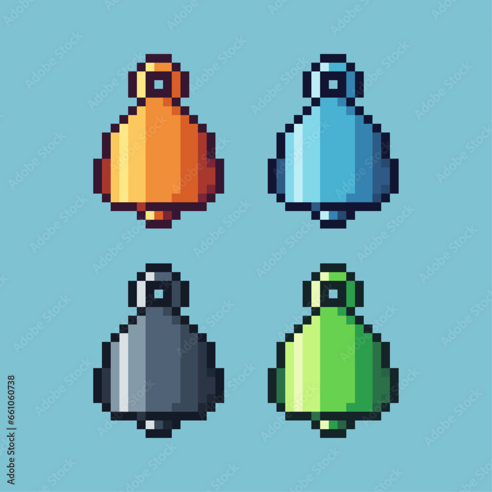 Poster pixel art sets of gold bell with variation color item asset. simple bits of bell on pixelated style.