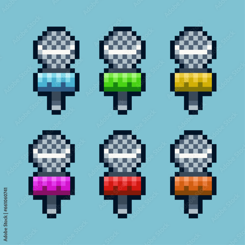 Poster pixel art sets of microphone with variation color item asset. simple bits of mic on pixelated style.
