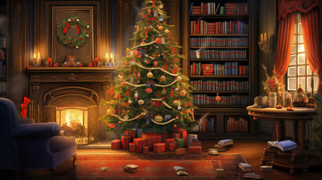 Christmas tree by the fireplace background design. Presents, gifts, chimney, Generative AI