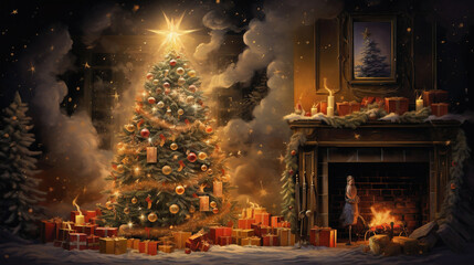 Enchanting Christmas tree by the fireplace background design. Presents, gifts, chimney, Generative AI