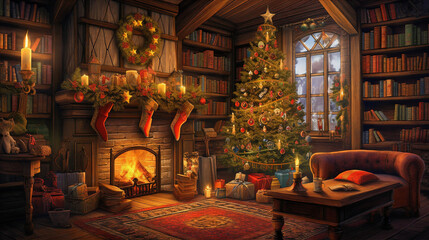 Christmas tree by the fireplace background design. Presents, gifts, chimney, Generative AI