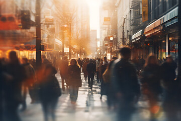 People walk on a busy street bathed in golden sunlight
