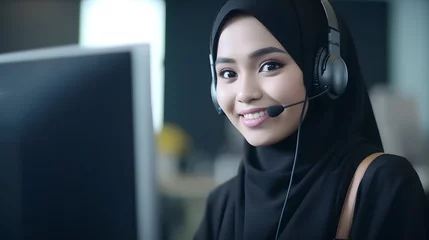 Foto op Plexiglas Portrait Arabian or Muslim woman in hijab works in call center operator and customer service agent wearing microphone headsets © Adin