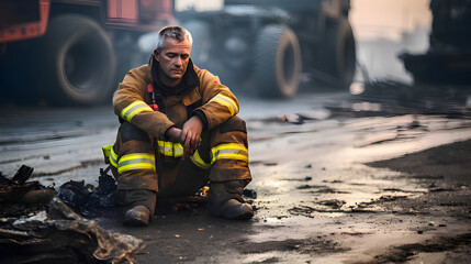 A fireman age of 50 sitting sadly,dirty and tired after fight with fire, on the street - obrazy, fototapety, plakaty