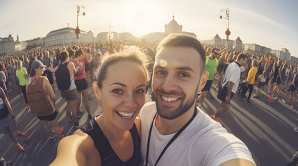Selfie photo of sporty happy couple young man and woman are running marathon down street against backdrop of setting sun. Sports family concept