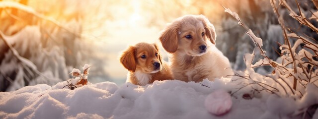 Two cute young golden retriever puppyes playing in the snow in sunny day. Dogs in winter forest, walking in the park. Funny Christmas concept. Banner with pet