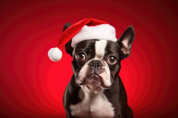 Happy and cheerful boston terrier dog in a santa claus hat on clear bright red background. Christmas pet. Happy New Year concept. Festive banner or backdrop with copy space - obrazy, fototapety, plakaty