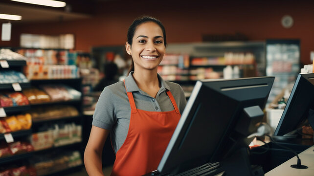 Portrait of woman cashier smiling working at a supermarket.

