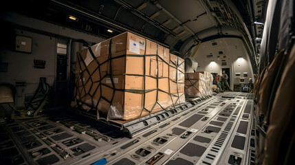 Concept Humanitarian assistance in war. Cargo plane with boxes of food and medicine