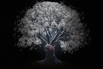 Against a black background stands a giant cherry tree with a faint and mysterious lightA thin white human hand is entwined in a branch of cherry blossoms8k hyper realisticHyper Quality Ultra 