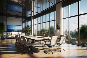 Modern office with large windows overlooking a cityscape