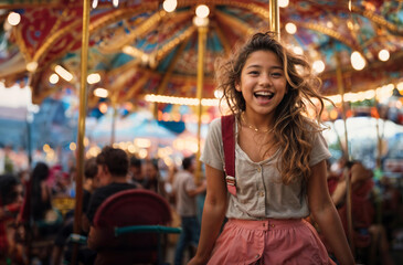 Teenage girl enjoying carousel ride at amusement park, carefree fun and excitement, vibrant carnival atmosphere. copy space, website header. Generative AI - obrazy, fototapety, plakaty