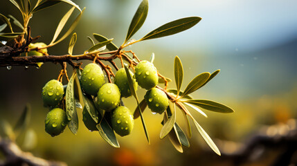 Close up from olives on brunch with water drops outside