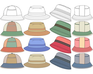 set of color full bucket hat drawing vector, color full bucket hat in a sketch style,  template color full for training, vector Illustration.