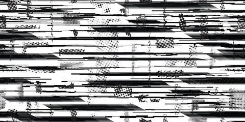 Glitch distorted grungy abstract forms . Halftone dots seamless pattern texture. Grange shapes .Grunge textured . Vector shapes with half tone dots .Screen print endless pattern texture