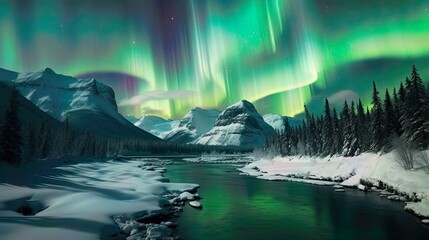 Aurora borealis landscape in nordic arctic forest, pines and snow sunset mattepainting illustration