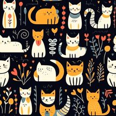 Cute cats seamless pattern. Hand drawn vector illustration for kids.