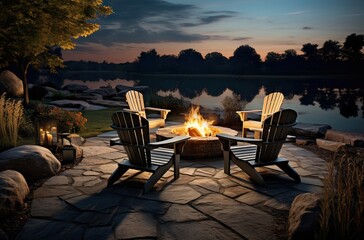 lawn chairs around a fire pit with a lake on the side at sunset moment, cozy concept - obrazy, fototapety, plakaty