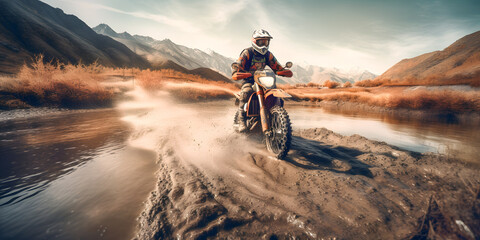 Naklejka premium Rider biker Moto cross riding in mountain with dust. Extreme motocross sport banner