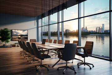 Modern boardroom with large windows overlooking a serene cityscape during sunset
