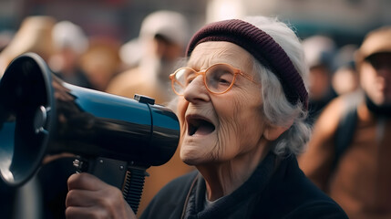 Pensioner caucasian woman hold megaphone and protesting in city. Concept against pension reform demonstration, elderly female activist protesting, strike with group banner - obrazy, fototapety, plakaty