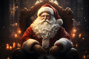 Surprised Santa Claus in a beautiful room next to the fireplace and Christmas tree sits with a sack of gifts