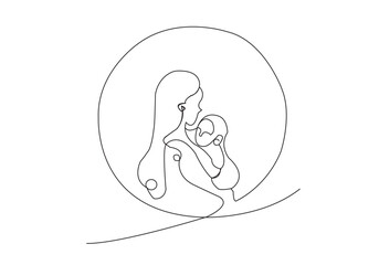 Line art child in mother's arms vector illustration without background (picture). The emotion of motherhood and love for a child.