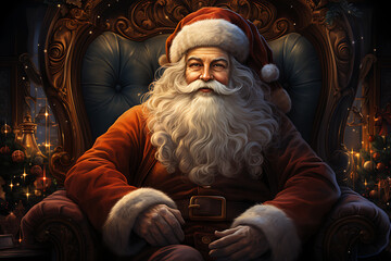Surprised Santa Claus in a beautiful room next to the fireplace and Christmas tree sits with a sack of gifts 