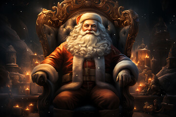 Surprised Santa Claus in a beautiful room next to the fireplace and Christmas tree sits with a sack of gifts 