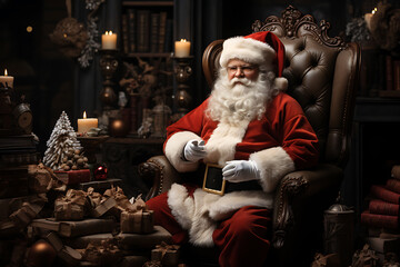 Obraz premium Surprised Santa Claus in a beautiful room next to the fireplace and Christmas tree sits with a sack of gifts 