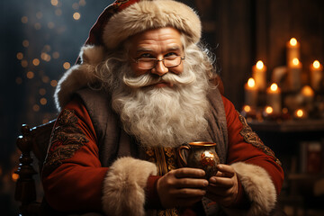 Surprised Santa Claus in a beautiful room next to the fireplace and Christmas tree sits with a sack of gifts 