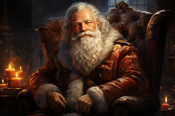 Obraz premium Surprised Santa Claus in a beautiful room next to the fireplace and Christmas tree sits with a sack of gifts 