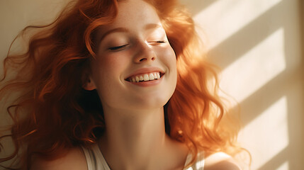 Happy woman with ginger hair and flawless skin smiling with her eyes closed - obrazy, fototapety, plakaty