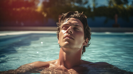 a young man relaxing in resort swimming pool - obrazy, fototapety, plakaty