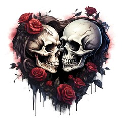 Skulls in a heart of roses