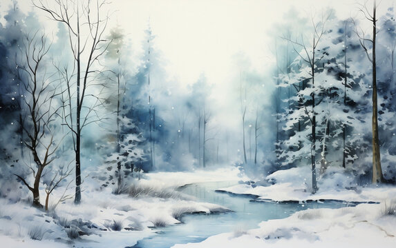 Misty Winter Wonderland, A Serene Watercolor Illustration of a Beautiful Forest
