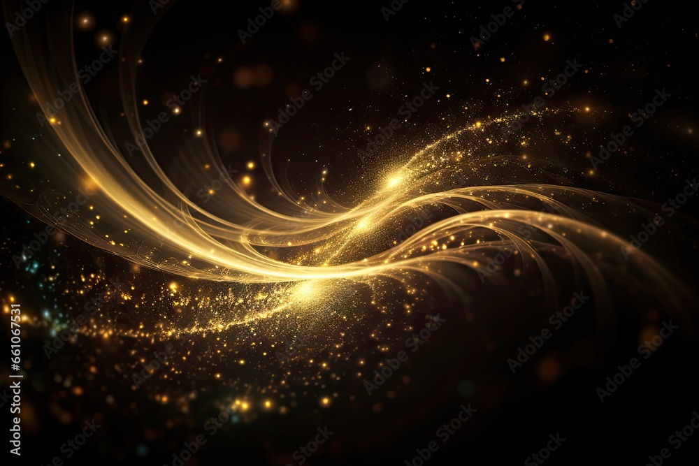 Poster Golden swirls of glowing abstract light. Luxurious design. Bright and shiny. Motion in gold and black. Sparkling bokeh. Christmas light show. Futuristic flow. Modern design