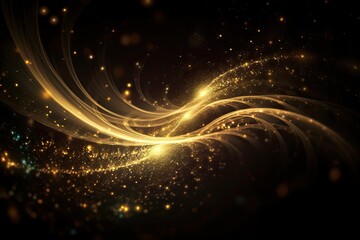 Golden swirls of glowing abstract light. Luxurious design. Bright and shiny. Motion in gold and black. Sparkling bokeh. Christmas light show. Futuristic flow. Modern design - obrazy, fototapety, plakaty