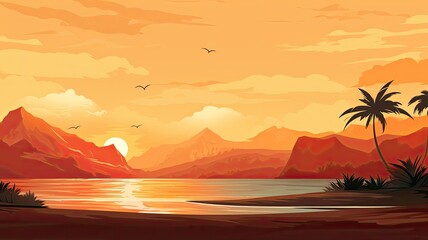 Sunset illustration. Web banner with copy space